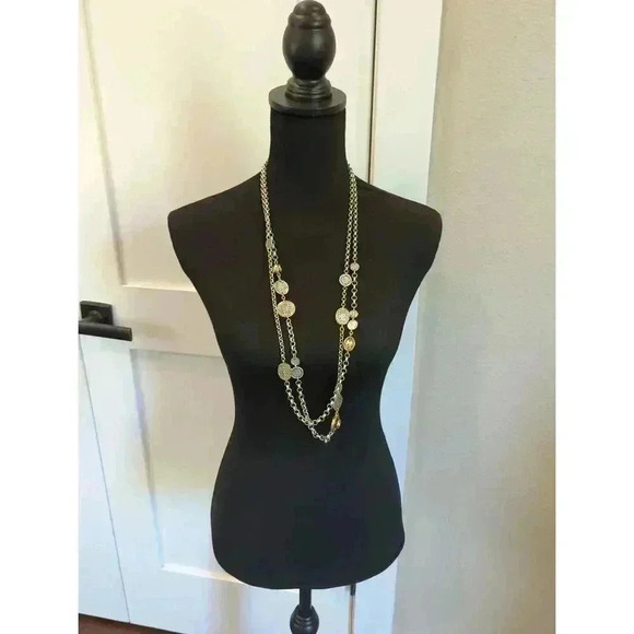Chicos Silver Goldtone Distressed Long Layered Coin Necklace Womens 38 40 Inch - Picture 3 of 5